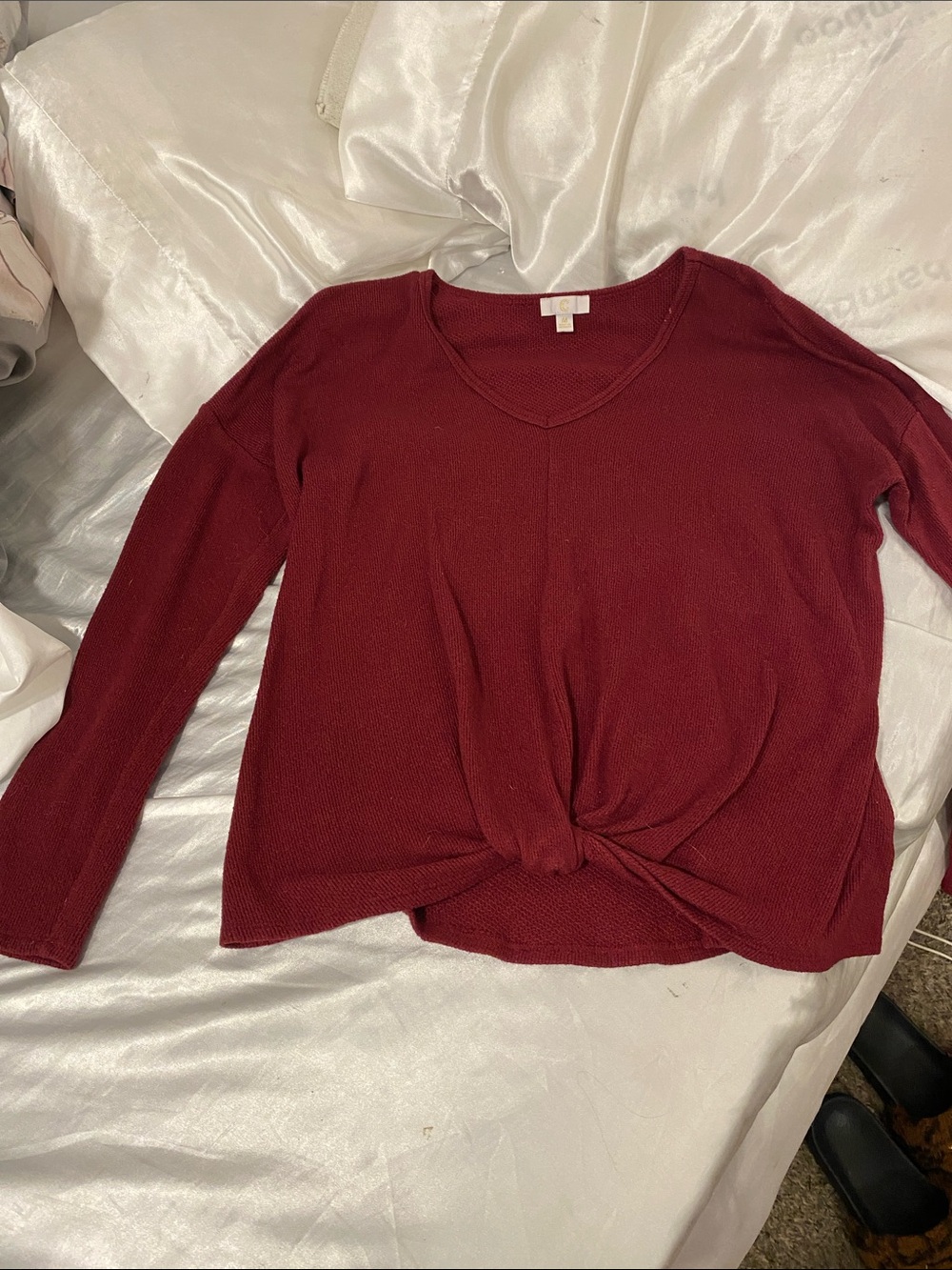 C Twist-Front V-Neck Long Sleeve Top - Wine